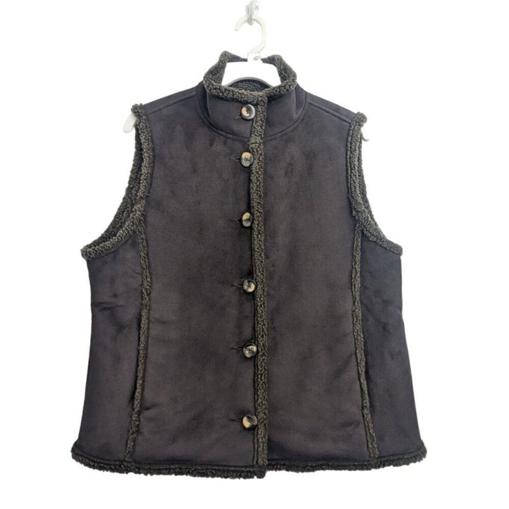 LL BEAN Women's Brown Faux Suede Sherpa Lined Vest Size Medium PET